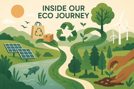 Eco journey illustration with recycling, solar panels, wind turbines, and tree planting.