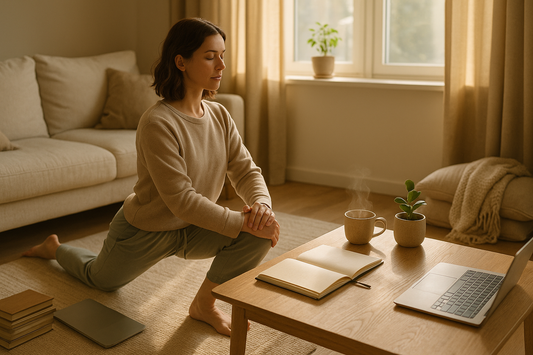 Woman practicing yoga at home with coffee and journal nearby