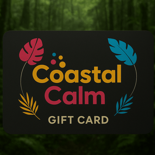 Coastal Calm gift card with colorful text and leaf graphics on a dark background