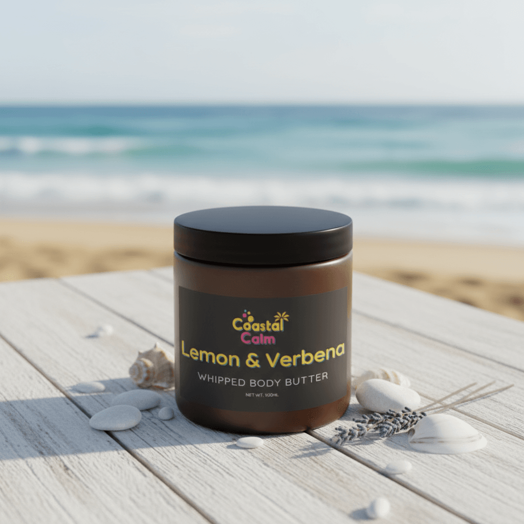 Jar of Coastal Calm Lemon & Verbena Whipped Body Butter on a beach setting