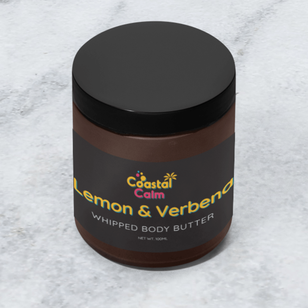 Jar of Coastal Calm Lemon & Verbena whipped body butter on a textured white background