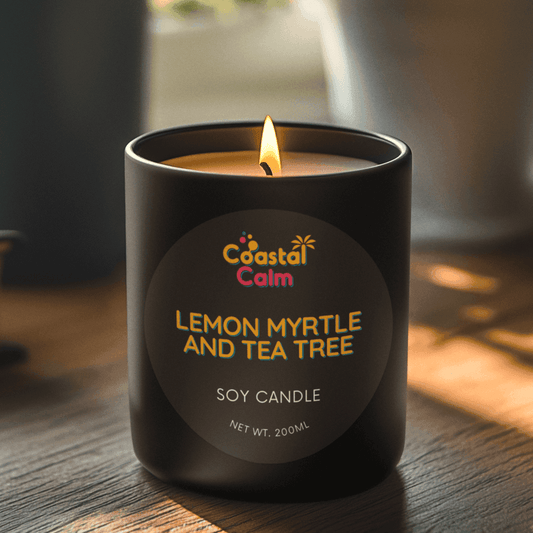 Coastal Calm lemon myrtle and tea tree soy candle on a wooden surface