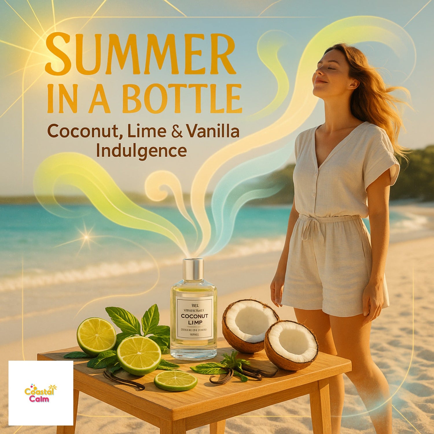 Woman on a beach with a bottle of coconut, lime, and vanilla perfume labeled 'Summer in a Bottle'.