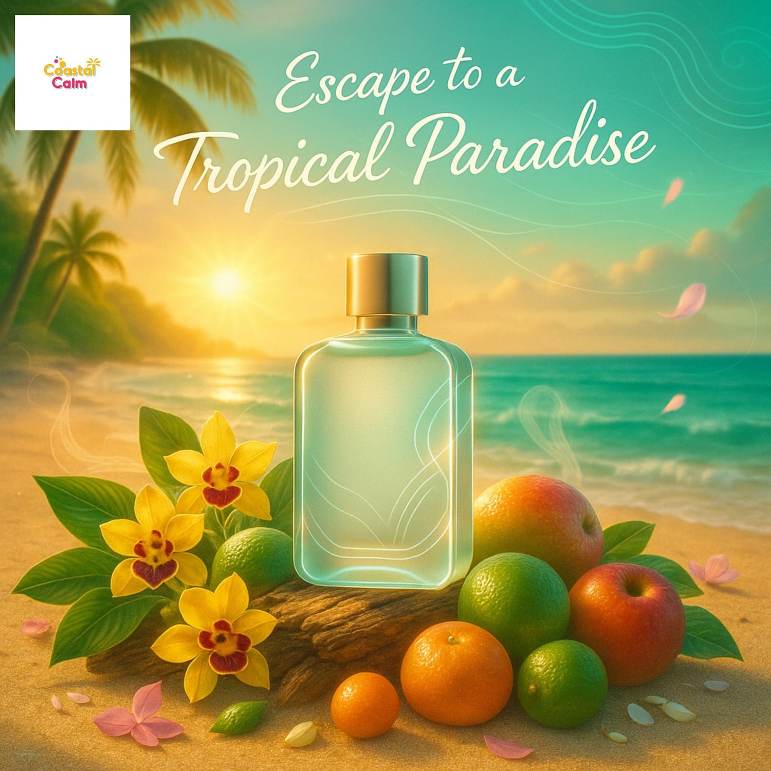 Tropical paradise scene with a perfume bottle, fruits, and flowers on a beach.