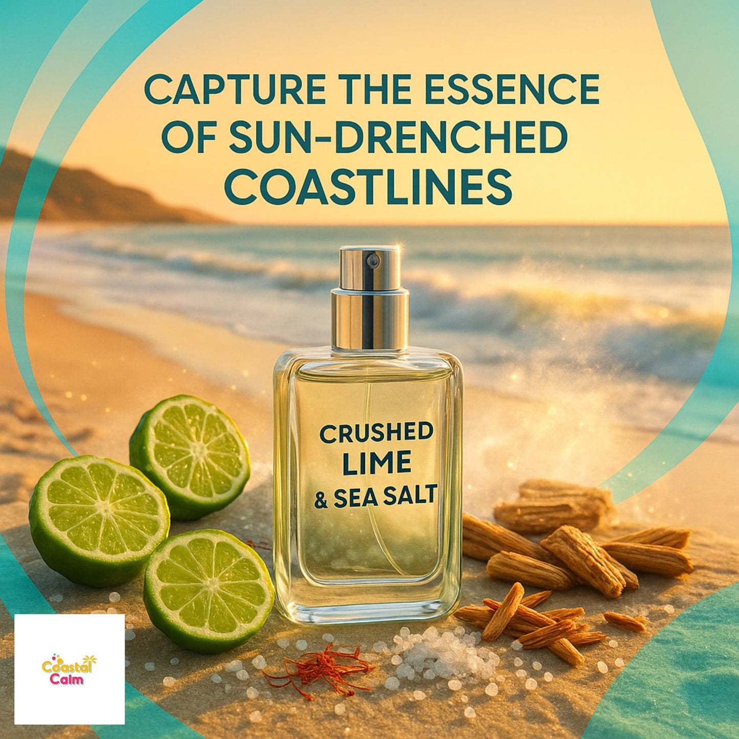 Luxury Organic Whipped Body Butter | Natural Skincare product with crushed lime and sea salt, displayed on a beach with lime slices and driftwood.