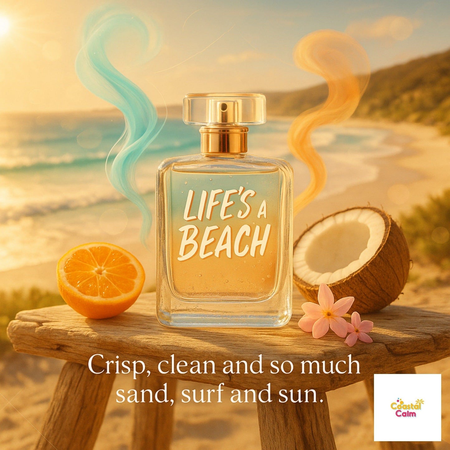 Luxury Organic Whipped Body Butter bottle on beach with coconut, orange, and tropical flowers. Natural skincare for soft, radiant skin in summer glow.