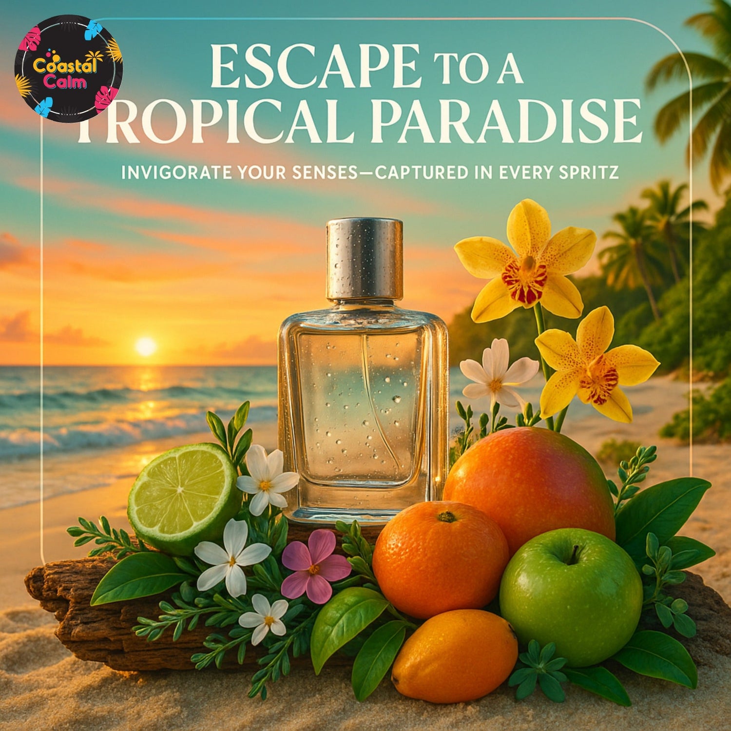 Perfume bottle with fruits and flowers on a beach at sunset, promoting a tropical paradise experience.