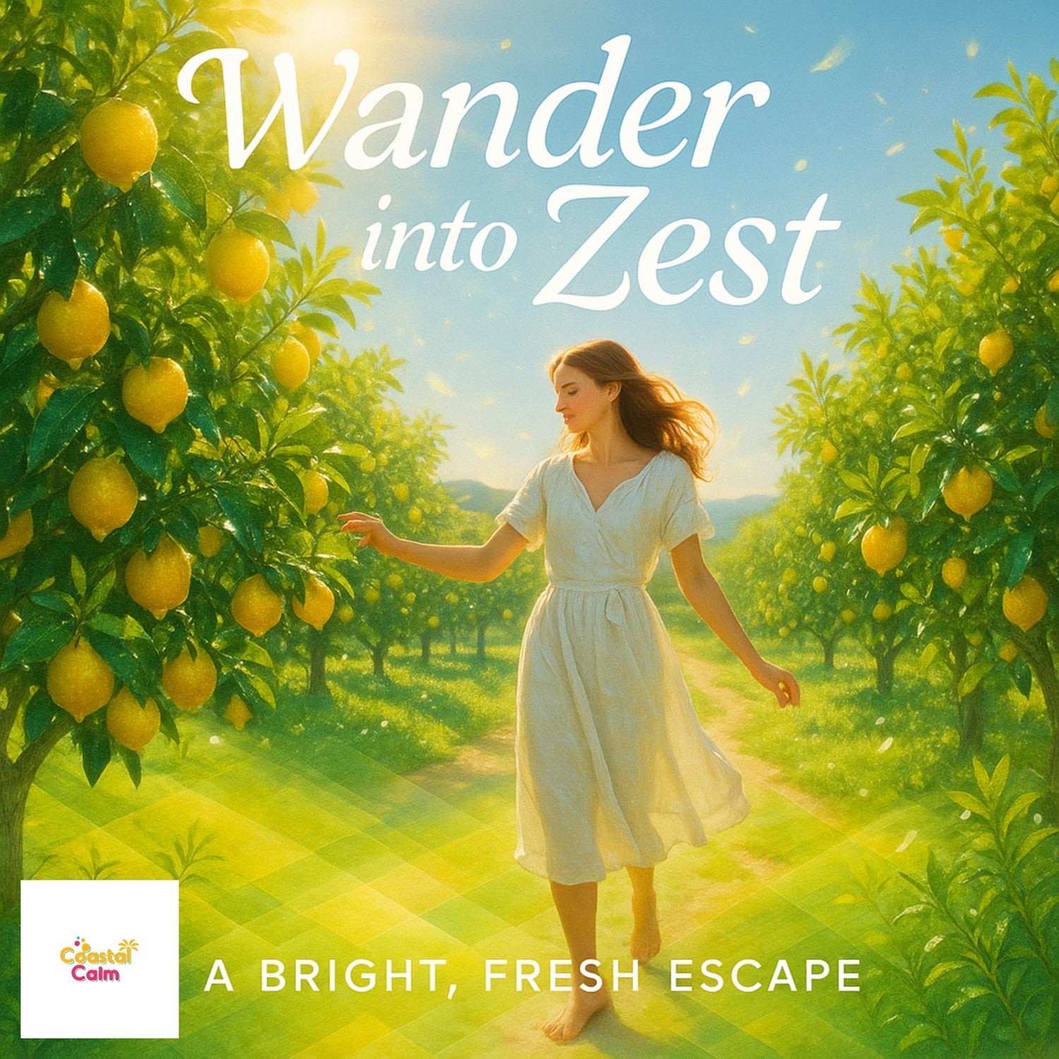 Woman in a white dress walking through an orchard with 'Wander into Zest' text overlay.