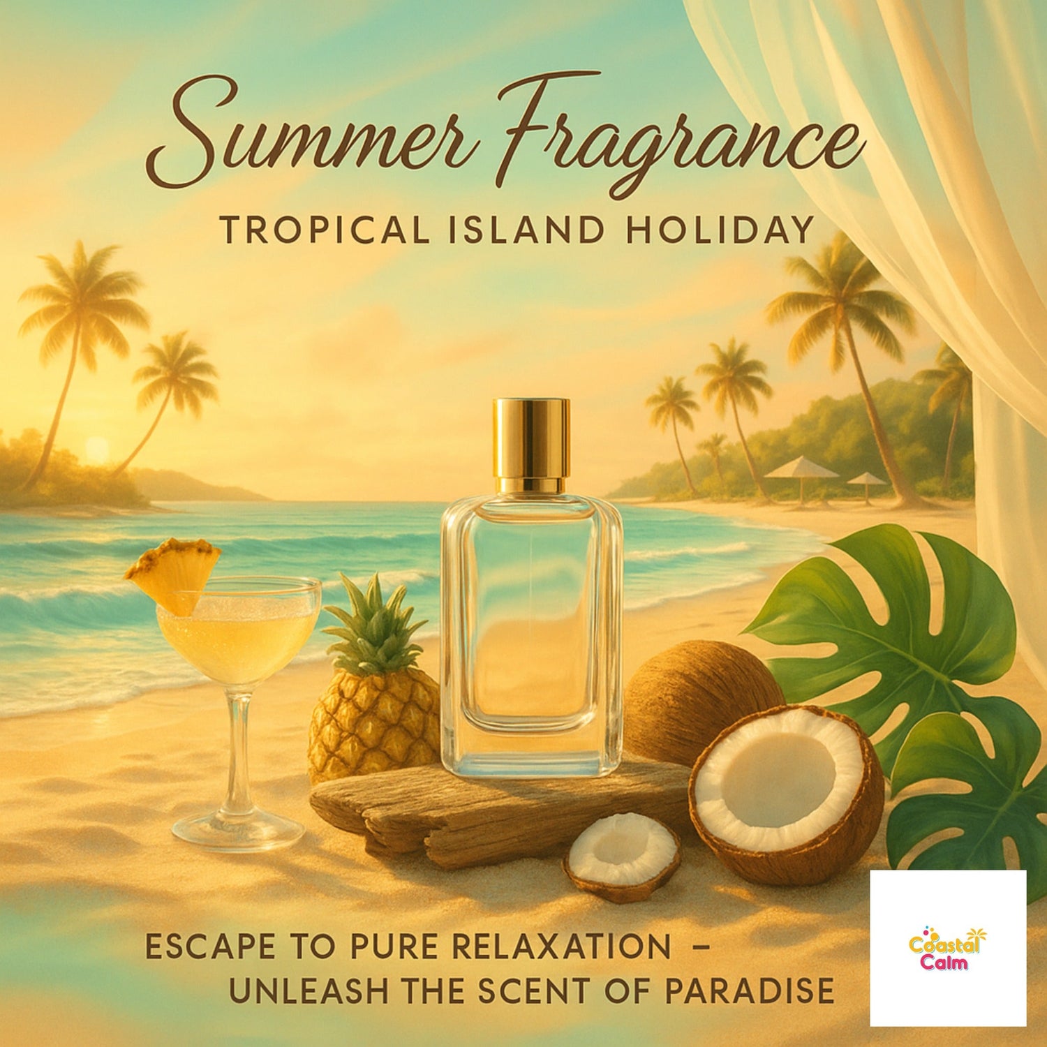 Perfume bottle on a tropical beach with palm trees and sunset, promoting 'Summer Fragrance' and 'Tropical Island Holiday'.