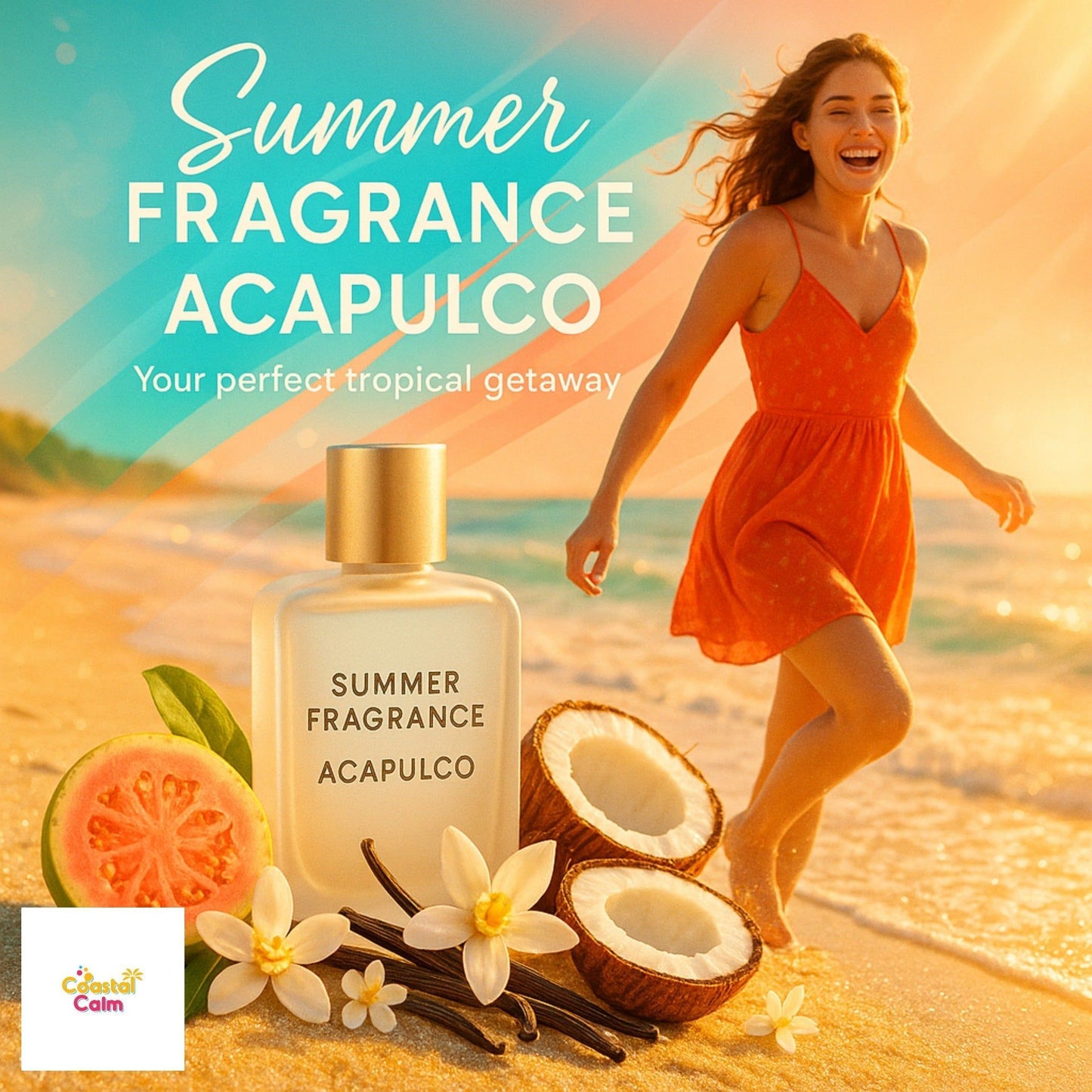 Summer Fragrance Acapulco perfume bottle on tropical beach with coconuts, vanilla, and flowers. Coastal Calm scent for a perfect tropical getaway.
