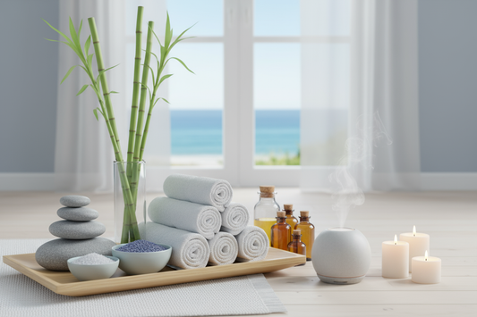 Organic spa essentials with oils, towels, and candles by the sea