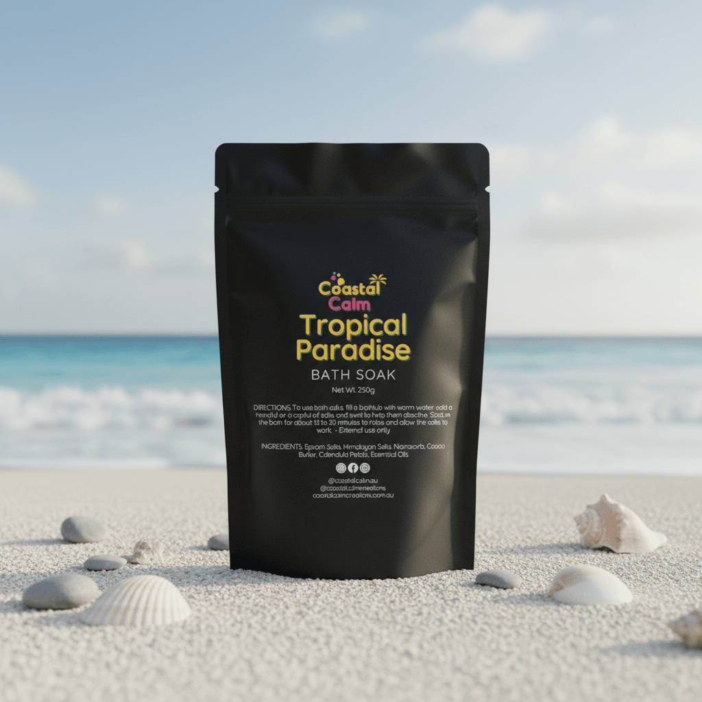 Black packaging of 'Coastal Calm Tropical Paradise Bath Soak' on a beach with shells and ocean in the background.