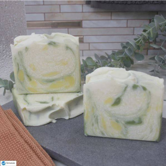 Gardenia Silky Skincare floral soap bars with green and yellow swirls, handcrafted for nourishing and refreshing natural skincare routines.