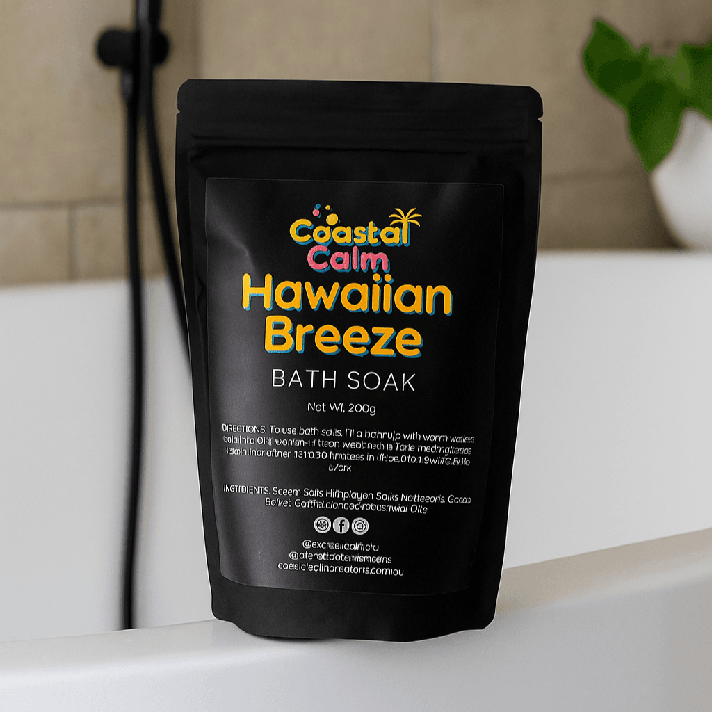 Coastal Calm Hawaiian Breeze Bath Soak package on a bathtub with a tiled wall background
