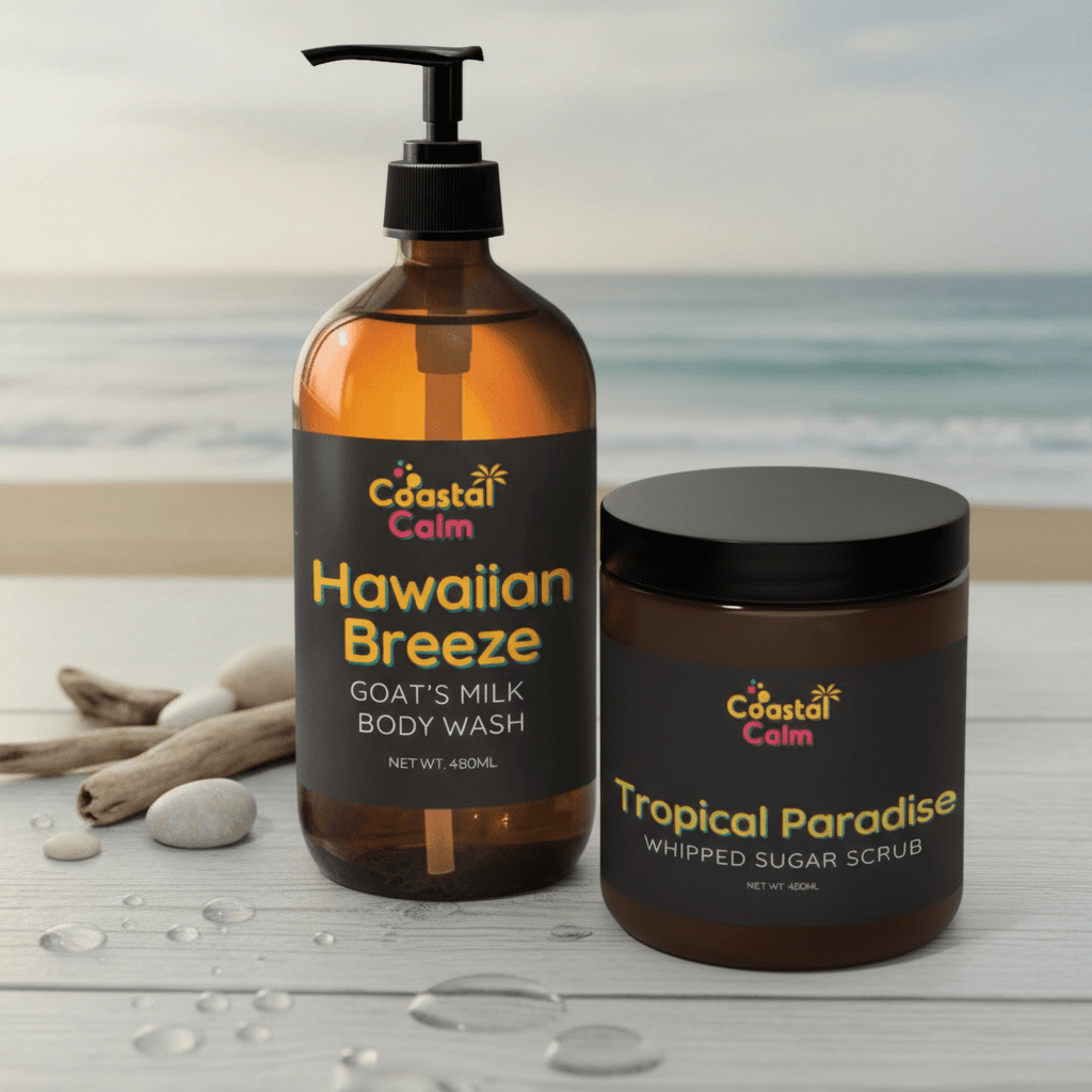 Coastal Calm Hawaiian Breeze body wash and Tropical Paradise whipped sugar scrub on a beach-themed background