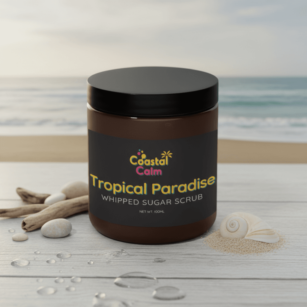 Jar of 'Tropical Paradise' whipped sugar scrub with a beach-themed background