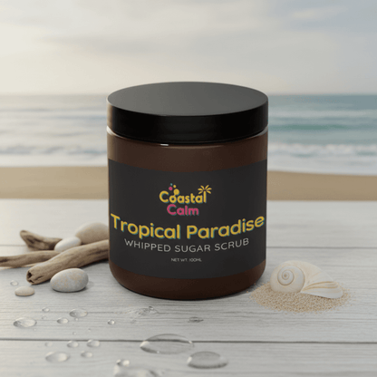 Jar of 'Tropical Paradise' whipped sugar scrub with a beach-themed background
