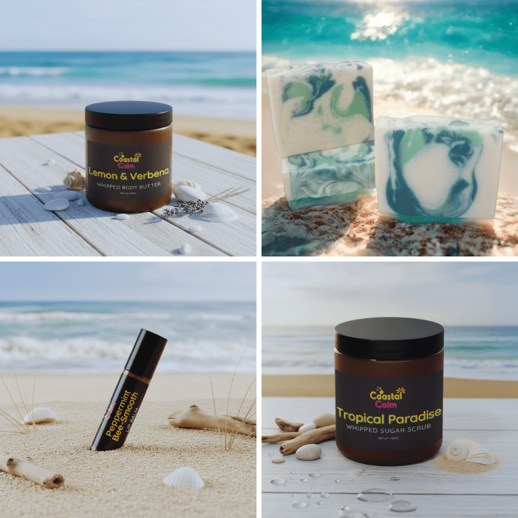 Coastal Calm Gift Bundle - Natural Skincare Christmas set featuring Lemon & Verbena body butter, displayed on a beach with lavender and seashells.