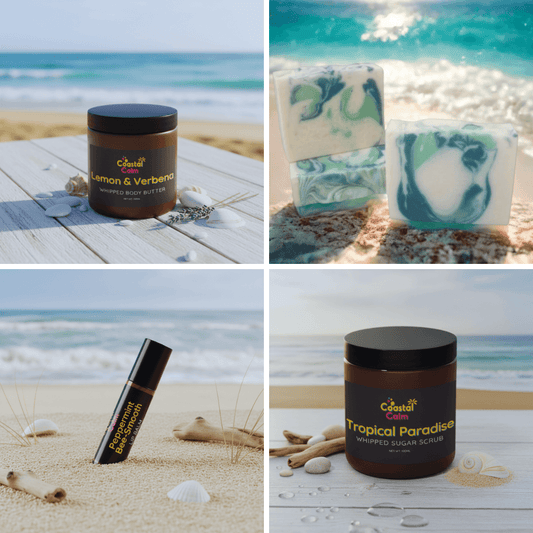 Coastal Calm Gift Bundle - Natural Skincare Christmas set featuring Lemon & Verbena body butter, displayed on a beach with lavender and seashells.