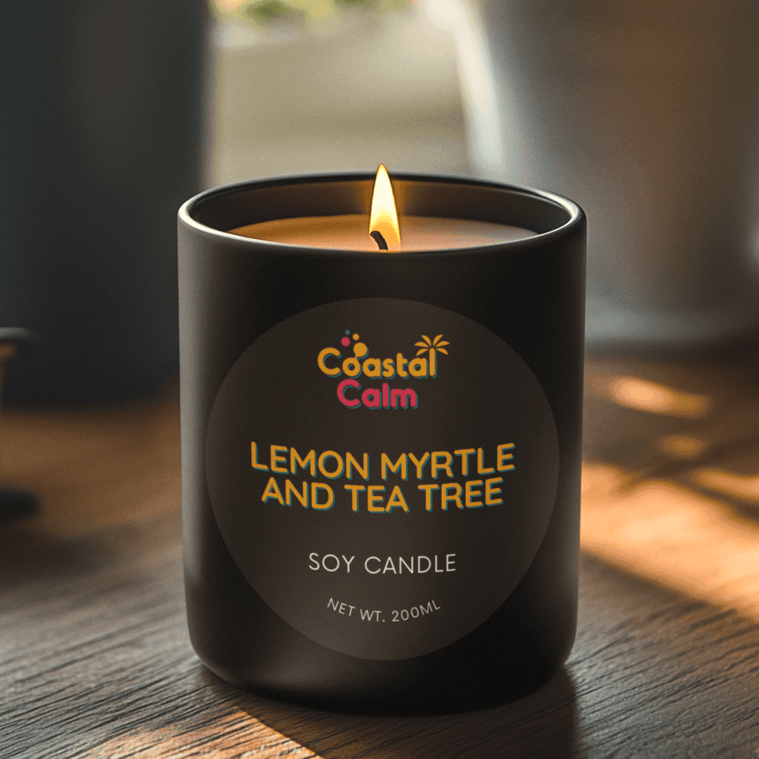 Coastal Calm lemon myrtle and tea tree soy candle on a wooden surface
