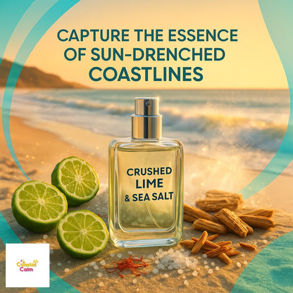 Aromatherapy Bubble Bath – Luxurious Bubbles | Coconut, Vitamin E bottle with coastal theme, surrounded by limes, sea salt, and driftwood on a beach.