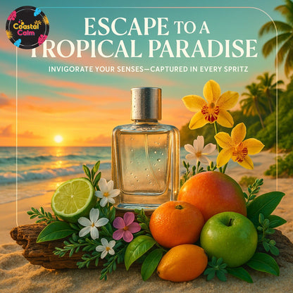Aromatherapy Bubble Bath – Luxurious Bubbles with coconut, lime, and tropical fruits beside a glass bottle on a beach at sunset. Ideal for luxury self-care and relaxation.