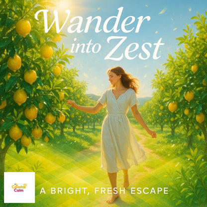 Woman in white dress walking through lemon grove under sunny sky, promoting Aromatherapy Bubble Bath – Luxurious Bubbles | Coconut, Vitamin E.