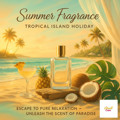 Summer fragrance bottle on tropical beach with coconut, pineapple, and palm trees. Coast Calm scent evokes tropical island holiday and pure relaxation.